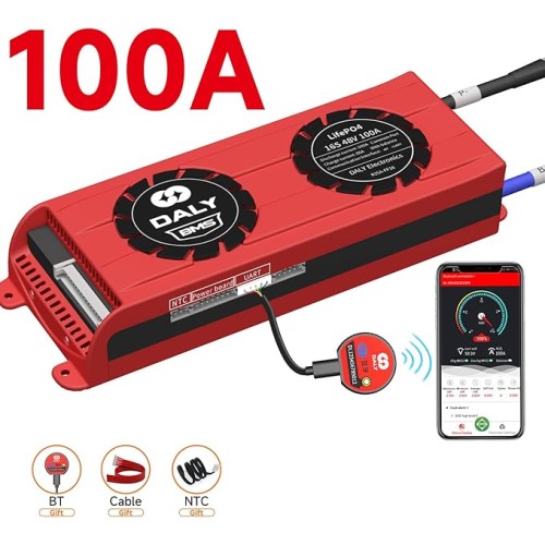DALY Smart BMS LiFePo4 16S 48V 100A Systém správy baterií PCB s UART komunikací, Bluetooth modulem pro monitorování baterie a chladicím ventilátorem pro měnič napájení